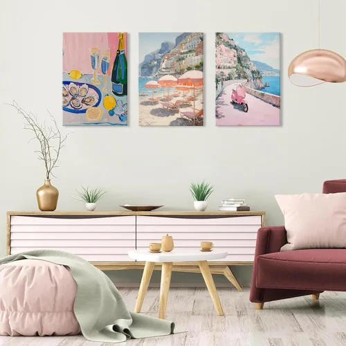 Miniatura 3 de HNNXAR Amalfi Coast - Lienzo decorativo para pared, pintura italiana de playa, pintura artística italiana, fruta, champán, juego de 3, decoración