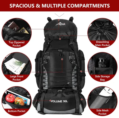 Miniatura 3 de Mochila de senderismo de 90L, bolsa de camping impermeable con cubierta de lluvia, mochila ligera para mochileros, sin marco Negro
