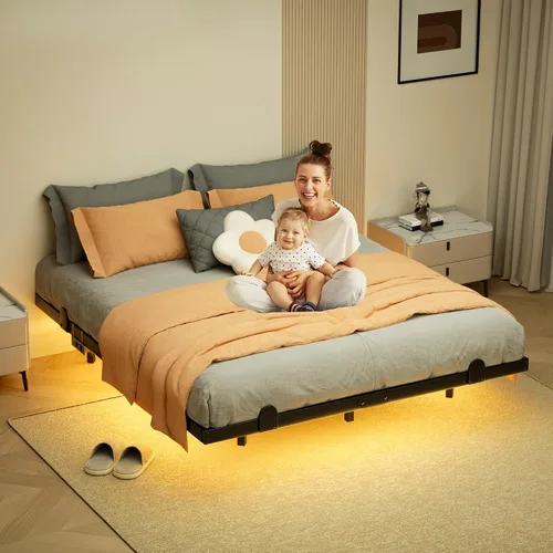 Miniatura 8 de LUKIROYAL Marco de cama flotante con luces LED inteligentes y estación de carga, marco de cama flotante de tamaño completo de 7 pulgadas con luces