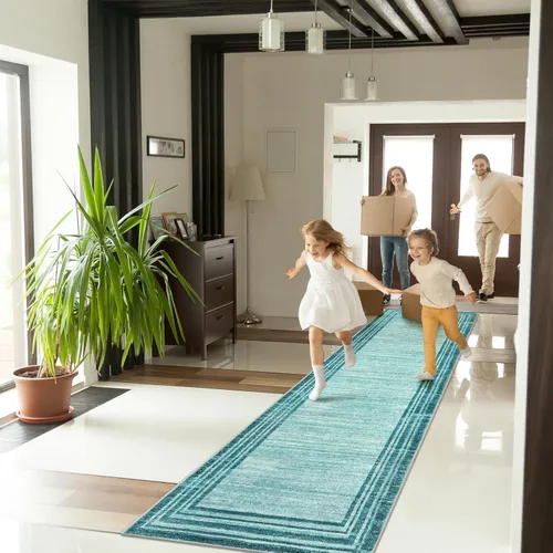 Miniatura 85 de Alfombra de pasillo moderna abstracta Lahome, alfombra lavable turquesa de 2 x 6 pulgadas para entrada, alfombra antideslizante de bajo pelo