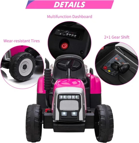 Miniatura 4 de Tractor eléctrico con batería de 12 V para niños con remolque, automóvil para niños pequeños con control remoto, 7 faros LED, cambio de marchas 2+1