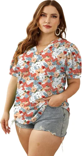 Miniatura 4 de OFEEFAN Blusas plisadas de manga abombada para mujer, cuello en V, holgadas, dobladillo curvado, blusas elegantes, informales, S-3XL