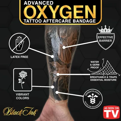 Miniatura 3 de BLACK INK Vendaje de cuidado posterior de tatuajes de segunda piel transpirable de oxígeno • Curación 2 veces más rápida • Cuidado de tatuajes Derm