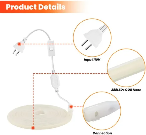 Miniatura 5 de KISUFU COB - Tira de luces LED, luces LED de neón de 110 V, 288 luces LED recortables, tiras de neón flexibles COB, interruptor de correa