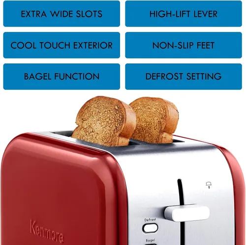Miniatura 3 de Koolatron Kenmore - Tostadora de 2 rebanadas, acero inoxidable, rojo y plateado, con ranuras extra anchas, guías de pan autoajustables
