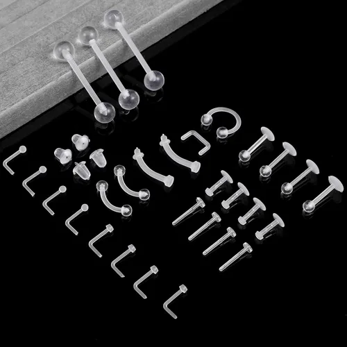 Miniatura 3 de 29 piezas de retenedores de piercing transparentes – Piercing de nariz transparente acrílico – aretes de nariz, aretes de tabique, juego de joyería