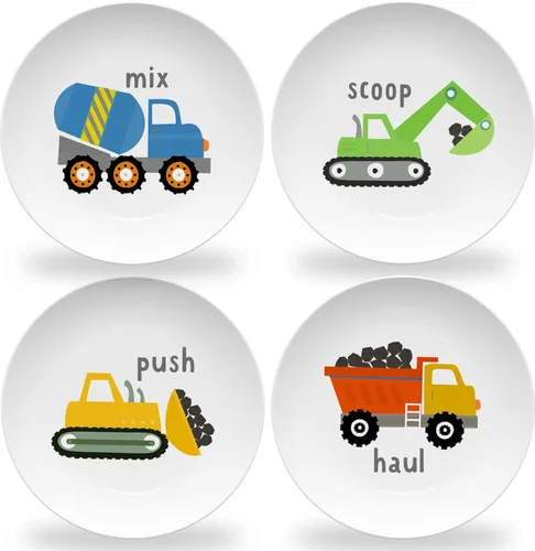 Tiny Expressions - Placas de construcción para niños pequeños - Juego de 4 platos de melamina para niños - Excavadora, mezcladora de cemento,