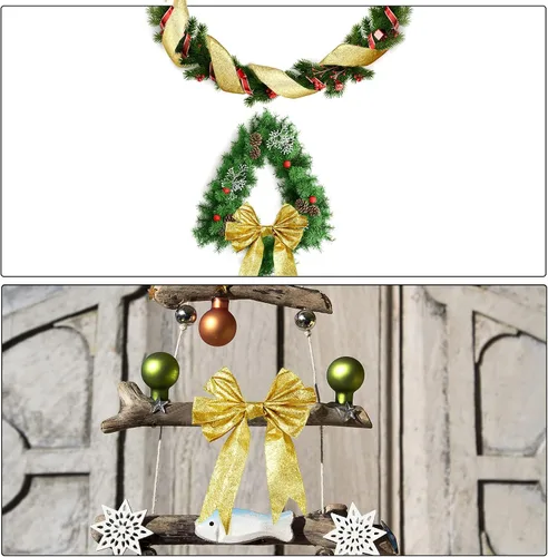 Miniatura 6 de 2 rollos de cinta de Navidad de 20 yardas con purpurina metálica con borde de alambre, cintas decorativas de tela para envolver fiestas, decoración