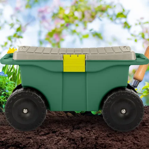 Miniatura 9 de Pure Garden - Carrito de jardín rodante con asiento, almacenamiento de plástico con banco y bandeja interior de herramientas, taburete de jardinería