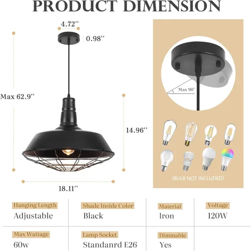 Miniatura 3 de Lámpara colgante negra de granja, luces colgantes grandes de 18.1 pulgadas, isla de cocina, lámpara colgante industrial con jaula de alambre, luz