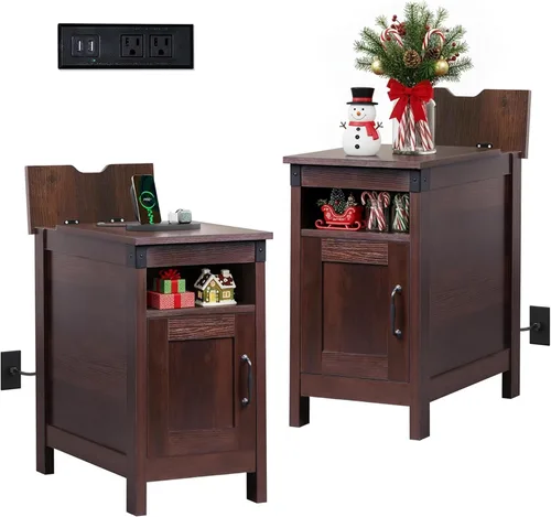 Miniatura 8 de WLIVE - Mesa auxiliar con estación de carga; mesa auxiliar estrecha para sala de estar, mesa de noche de estilo granja con almacenamiento, pequeño