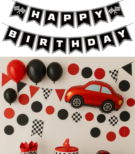 Miniatura 2 de Decoraciones de fiesta de cumpleaños de coche de carreras, bandera de feliz cumpleaños a cuadros en blanco y negro, suministros de fiesta temática