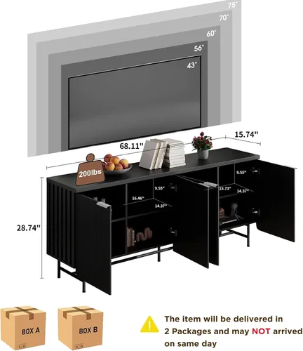 Miniatura 7 de Soporte de TV acanalado de mediados de siglo para TV de 55 a 75 pulgadas, centro de entretenimiento negro con almacenamiento, soporte de televisión