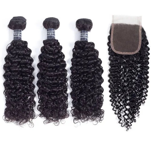 Miniatura 2 de Amella Hair Paquetes de Cabello Humano Brasileño Rizado con Cierre Grado 8A Virgen Sin Procesar Paquetes de Tejido de Cabello Brasileño con Cierre