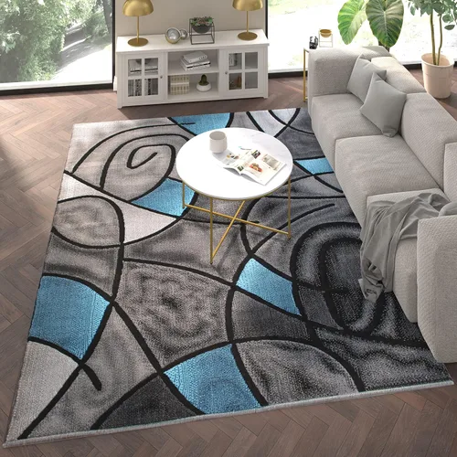 Miniatura 12 de EMMA + OLIVER Alfombra decorativa de olefina de felpa, patrón geométrico abstracto, tonos grises degradados con detalles azules vibrantes, 2 x 3