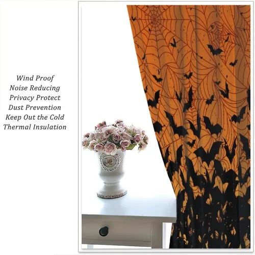 Miniatura 6 de Cortinas de Halloween naranja y negro de telaraña para sala de estar y dormitorio, decoración de panel de cortina de puerta para decoración