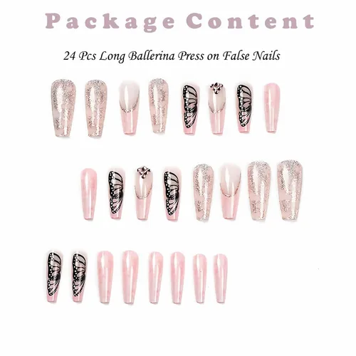 Miniatura 2 de Uñas postizas largas a presión con forma de ataúd, uñas postizas de bailarina, mariposa rosa, diamantes de imitación, uñas acrílicas con purpurina