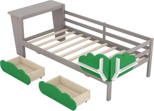 Miniatura 5 de Anwick Base de cama individual con escritorio y nido, sofá cama de madera con escritorio y estantes en forma de árbol verde, cama de plataforma