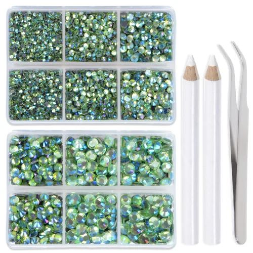 Miniatura 25 de LPBeads 6400 unidades de diamantes termoadhesivos de 12 colores con parte trasera plana, 5 tamaños mixtos, gemas de cristal redondas con pinzas