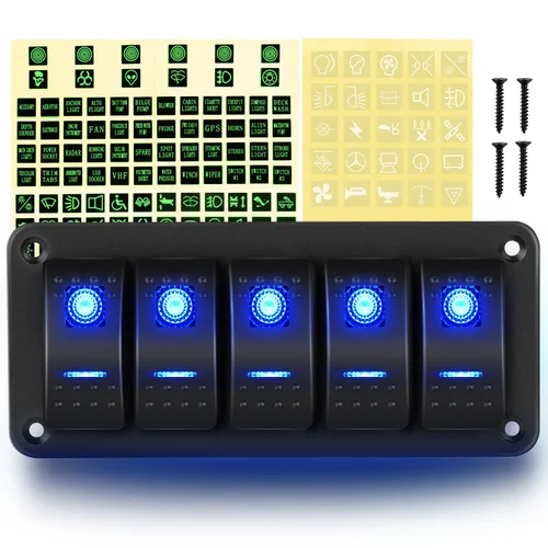 Miniatura 25 de GOOACC Panel de interruptores basculantes de 2 cuadras, 12 V, 24 V CC, color azul, panel de aluminio de 5 pines, encendido y apagado, panel