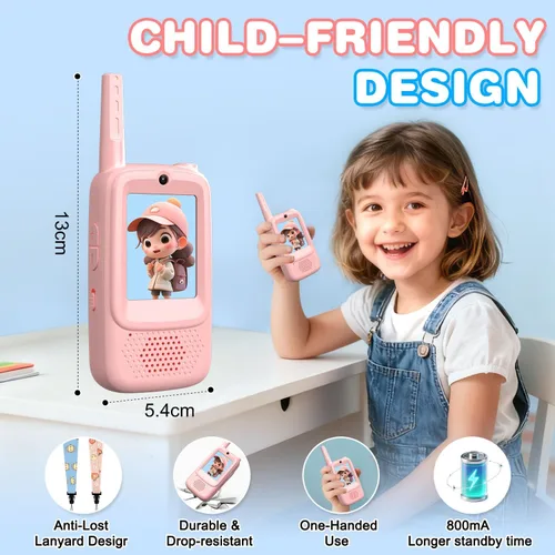 Miniatura 7 de Walkie Talkies de video para niños, paquete de 2 Walkies talkies recargables para niños, juguetes para interiores y exteriores, para campamento