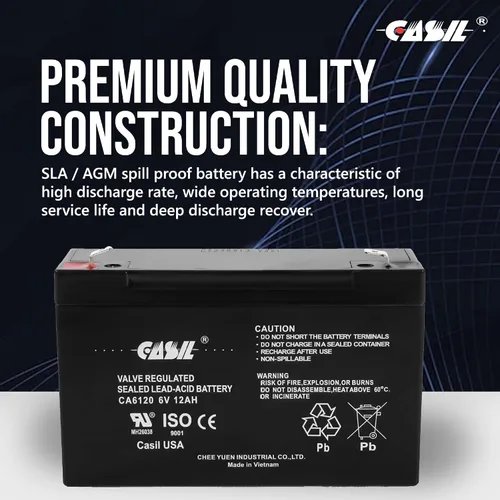 Miniatura 7 de Casil Batería de luz de emergencia 6v 12ah CA6120 selló plomo ácido AGM con terminal F2 para batería de luz de emergencia 6v
