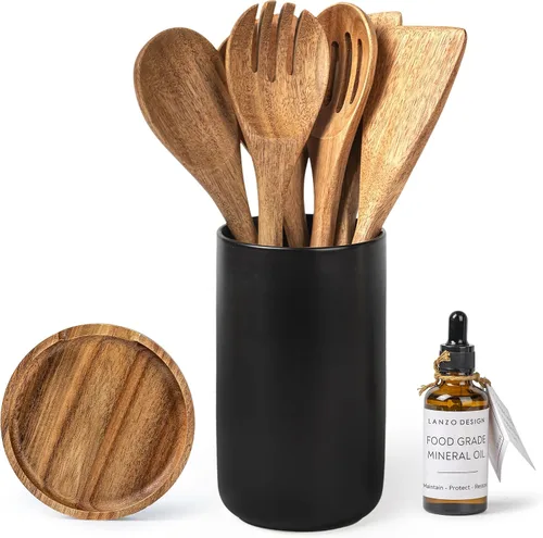 Miniatura 2 de Juego de utensilios de cocina, 8 piezas de utensilios de cocina de madera con soporte de cerámica (soporte negro)
