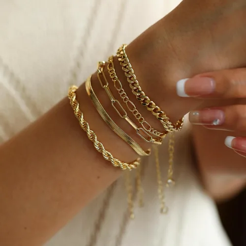 Miniatura 3 de Pulseras de oro para mujer, juego de pulseras en capas de oro de 14 quilates, delicadas cadenas de espiga de espiga, pulseras cubanas de oro