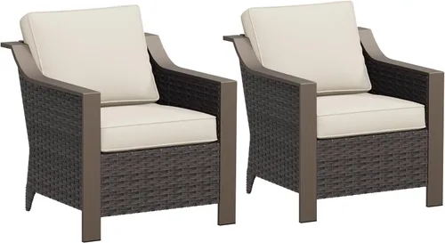Miniatura 8 de Juego de 2 sillas giratorias de metal para patio, juego de muebles de conversación de mimbre, tapizados y mecedoras deslizantes de 360 grados, ratán