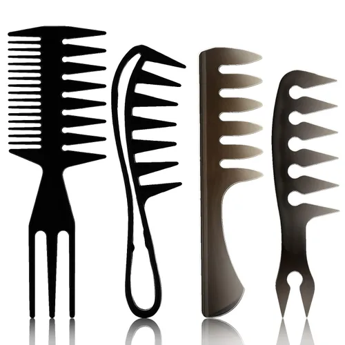 Juego de peines para el cabello 4 en 1, dientes anchos, cola de doble cara, púa afro y peine de peluquero, negro, 4 estilos