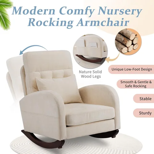 Miniatura 5 de VINGLI Mecedora de Asiento Bajo de Chenilla, Silla Planeadora Tapizada para Guardería con Bolsillos Laterales, Sillón Decorativo con Brazos