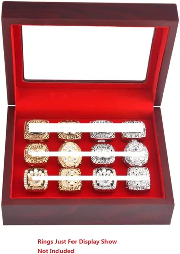 Miniatura 2 de JunningGor 12 Agujeros Campeonato Big Heavy Ring Display Case Joyero de madera Terciopelo Rojo Interior (Rojo)