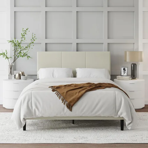 IOILORI Base de cama de tamaño matrimonial con cabecera tapizada, listones de madera resistentes, no requiere somier, silencioso, fácil montaje,