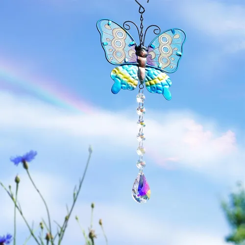 Miniatura 5 de Juego de 2 atrapasoles de mariposa de metal para ventanas – Decoración de pared de valla al aire libre de 14 pulgadas, prismas arcoíris
