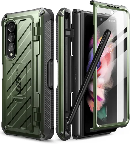 SUPCASE Funda para Galaxy Z Fold 3 con soporte para bolígrafo S (Unicorn Beetle Pro), [protector de pantalla y soporte integrados] [protección de