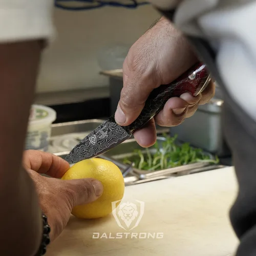 Miniatura 7 de Dalstrong Cuchillo de pelar - 4" - Serie Escorpión - Acero V12 Ultra™ japonés exclusivo - Damasco negro - Mango de resina de nido de abeja negro