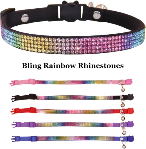 Miniatura 3 de THAIN Bling cat Collar de gatito Rainbow Rhinestone Breakaway Diamond con campana Terciopelo suave liberación rápida (negro)