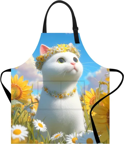 Miniatura 2 de Delantal divertido con bolsillo para mujeres y hombres, delantal de cocina ajustable para barbacoa y horneado con lindos animales y flores