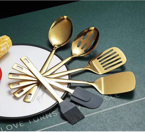 Miniatura 4 de Cucharones de cocina dorados, Berglander juego de 6 espátulas de acero inoxidable, espátula metálica, cuchara para servir, juego de utensilios