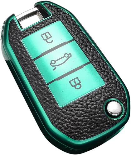 SANRILY Funda de cuero con textura para llavero Peugeot 208 301 308 508 2008 3008 protección completa sin llave con llaveros, color verde