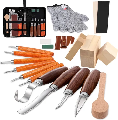 Miniatura 11 de Kit de tallado de madera, 26 herramientas de tallado de madera con 4 cuchillos de tallado de madera, 4 cuchillos de detalle, 10 bloques de tilo