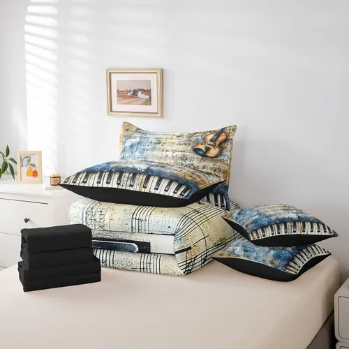 Miniatura 6 de Erosebridal Juego de edredón de 7 piezas con diseño de piano, cama Queen en una bolsa, juego de ropa de cama retro con notación musical de guitarra