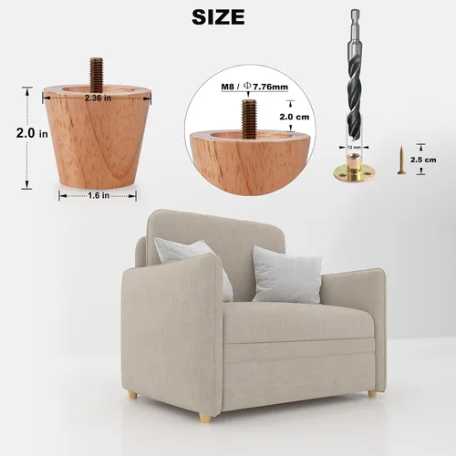 Miniatura 4 de Juego de 4 patas redondas de madera maciza de 2 pulgadas, reemplazo de patas cortas de madera maciza para sofá, patas de sofá, patas de aparador