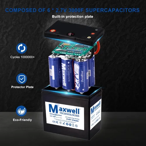 Miniatura 3 de Maxwell 16V 500F Super Capacitor 12V Jump Starter 6000A Paquete de batería de arranque de coche (hasta 8.0L de gas, motor diesel de 6.0 L)