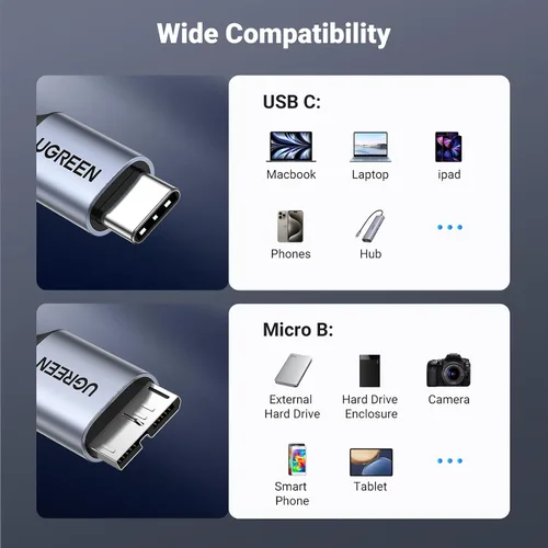 Miniatura 6 de UGREEN 10 Gbps Cables de disco duro Micro B a USB C, 1.5 pies USB C a Micro B, cable de disco duro externo compatible con MacBook Pro/Air