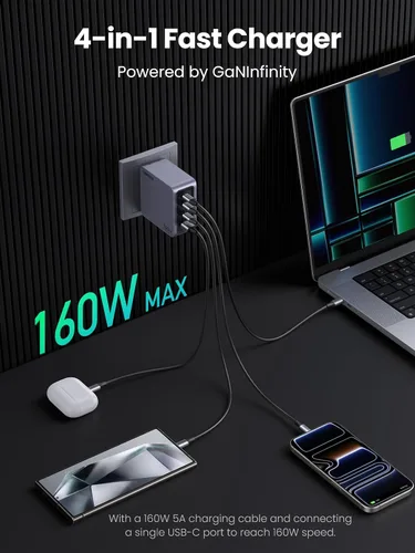 Miniatura 2 de UGREEN Nexode Pro 160W GaN Cargador de portátil USB C, cargador rápido PD 3.1 PPS de 4 puertos para MacBook Pro, Pixelbook, Dell XPS, iPad Pro