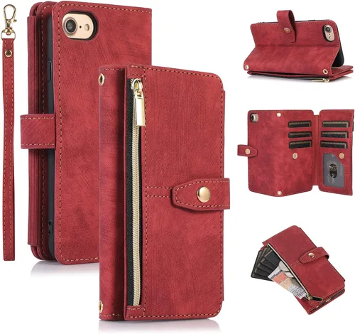 Miniatura 20 de UEEBAI Funda tipo cartera para iPhone SE 2022 5G/iPhone 7/iPhone 8/iPhone SE 2020, retro con 9 ranuras para tarjetas, bolsillo con cremallera, funda