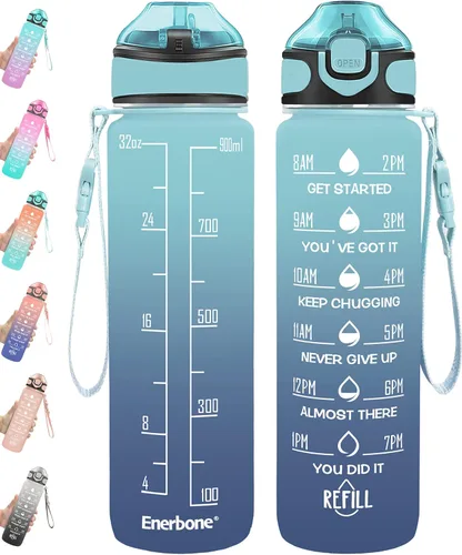 Miniatura 12 de Enerbone Botella de agua potable de 32 oz con tiempos para beber y popote, motivacional con correa para llevar, a prueba de fugas, sin BPA ni