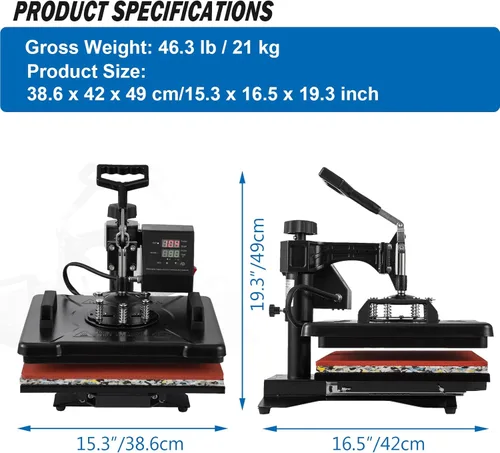 Miniatura 7 de TOPDEEP Máquina de prensa de calor 5 en 1, prensa de calor oscilante de 12 x 15 pulgadas para sublimación, máquina de prensado de camisetas