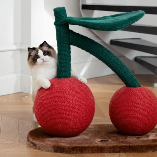 Miniatura 7 de VETRESKA Rascador de gatos de cereza grande con hamaca, juguete interactivo alto para rascar con cuerda de yute natural para gatos